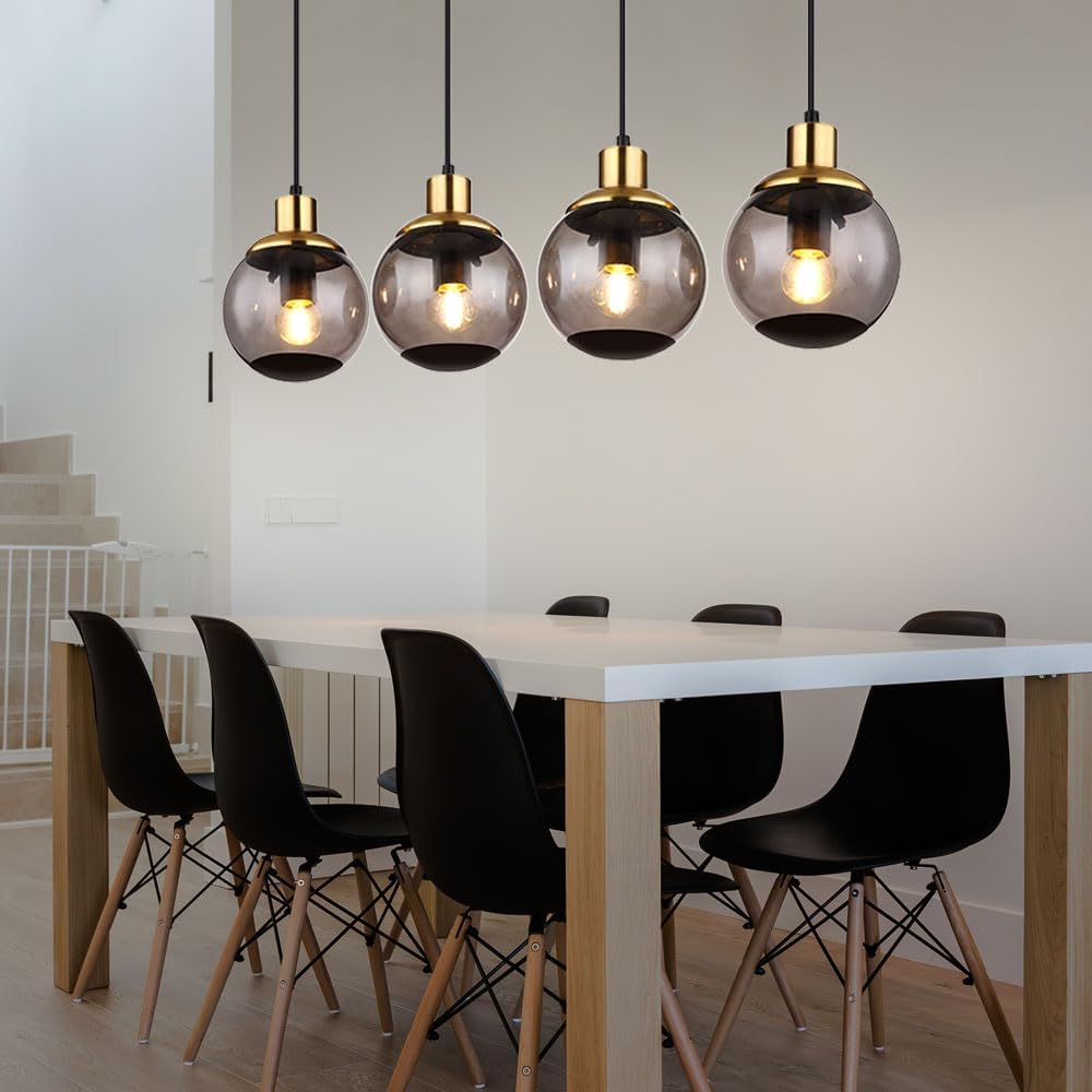 Hängelampe Glas modern Pendelleuchte Rauchglas Hängeleuchte schwarz, 4 flammig Metall Glaskugeln messing Retro, 4x E27 Fassungen, LxBxH 75x15x110cm