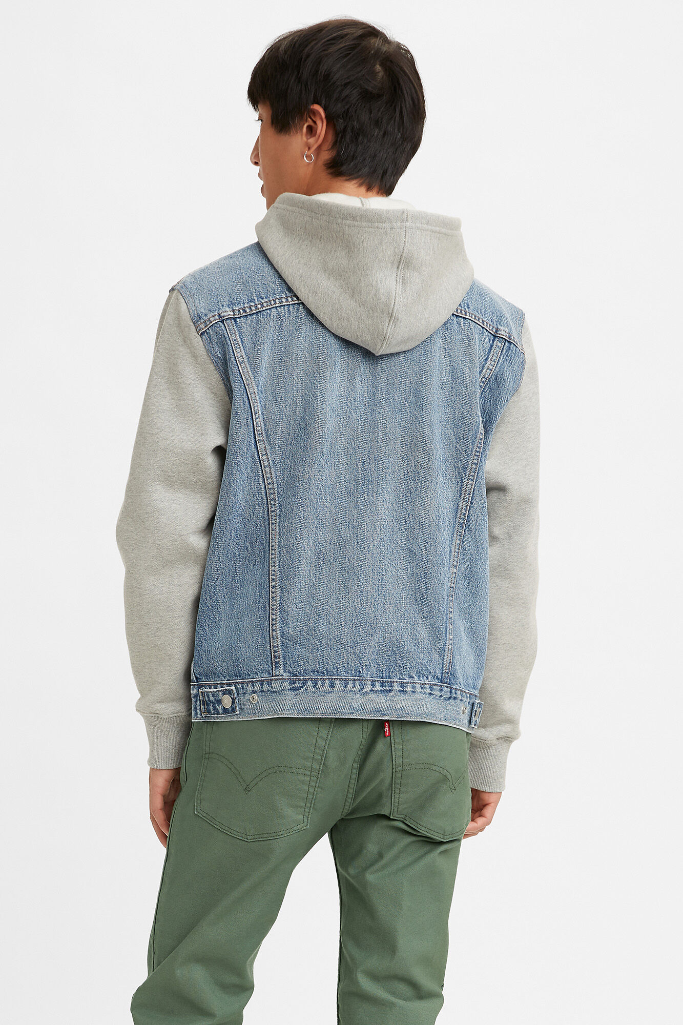 Jaqueta jeans azul com capuz e mangas de lã - azul médio