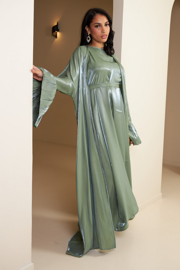 Ensemble 3 pièces abaya + gilet + voile satinée et pailletée vert