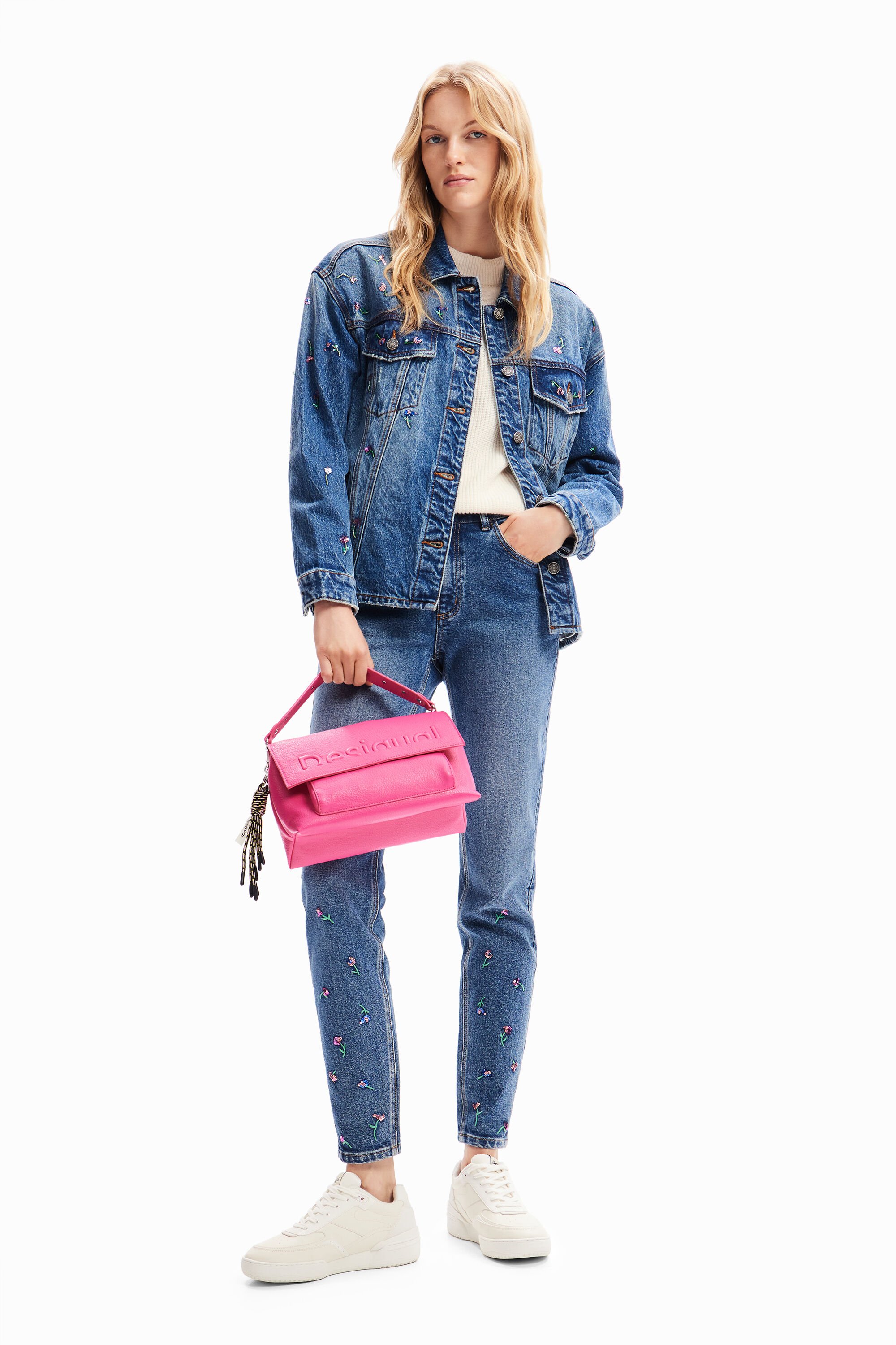 Veste trucker jean fleurs