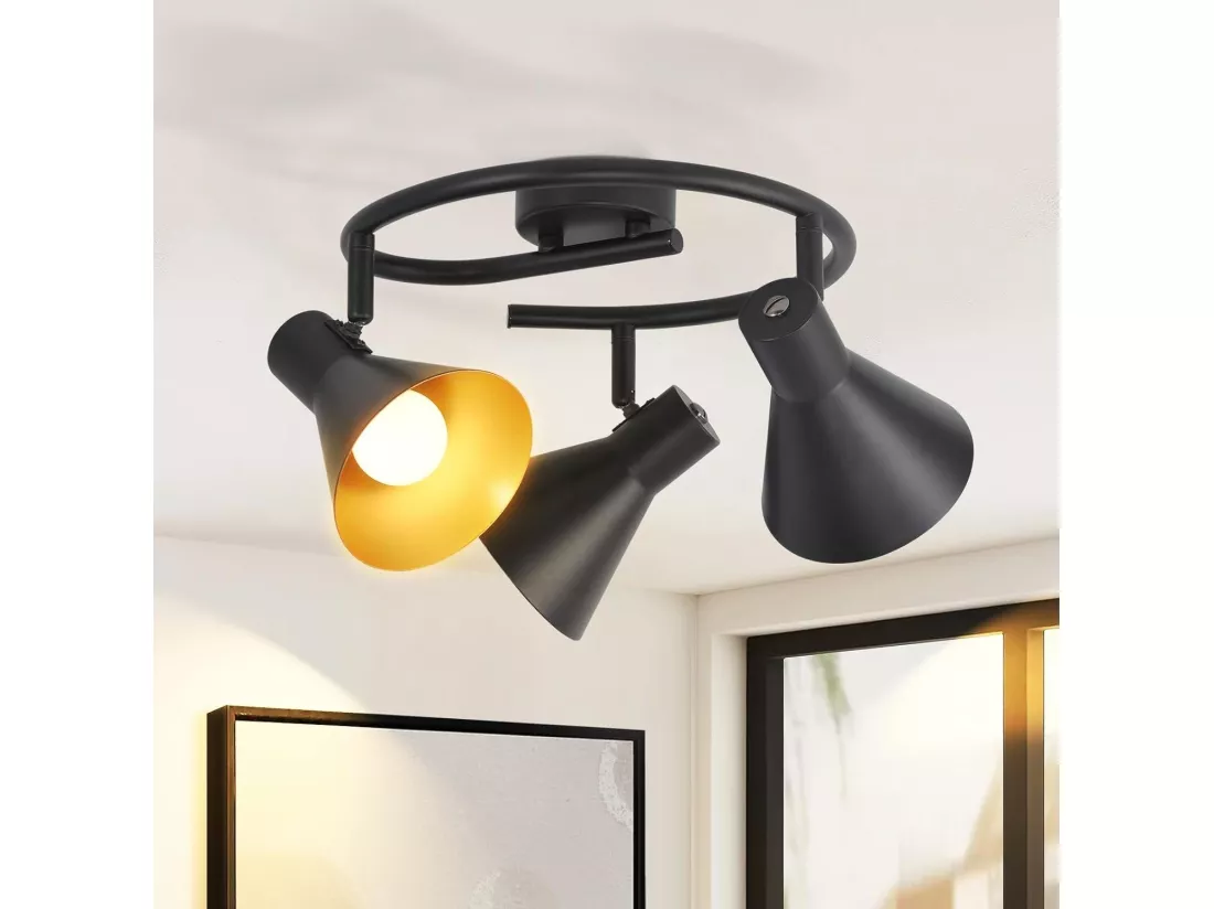 NETTLIFE 3 Spots Plafonnier Salon Noir Cuisine E14 Vintage Pivotante à 330°Industriel en Métal pour Chambre Couloir