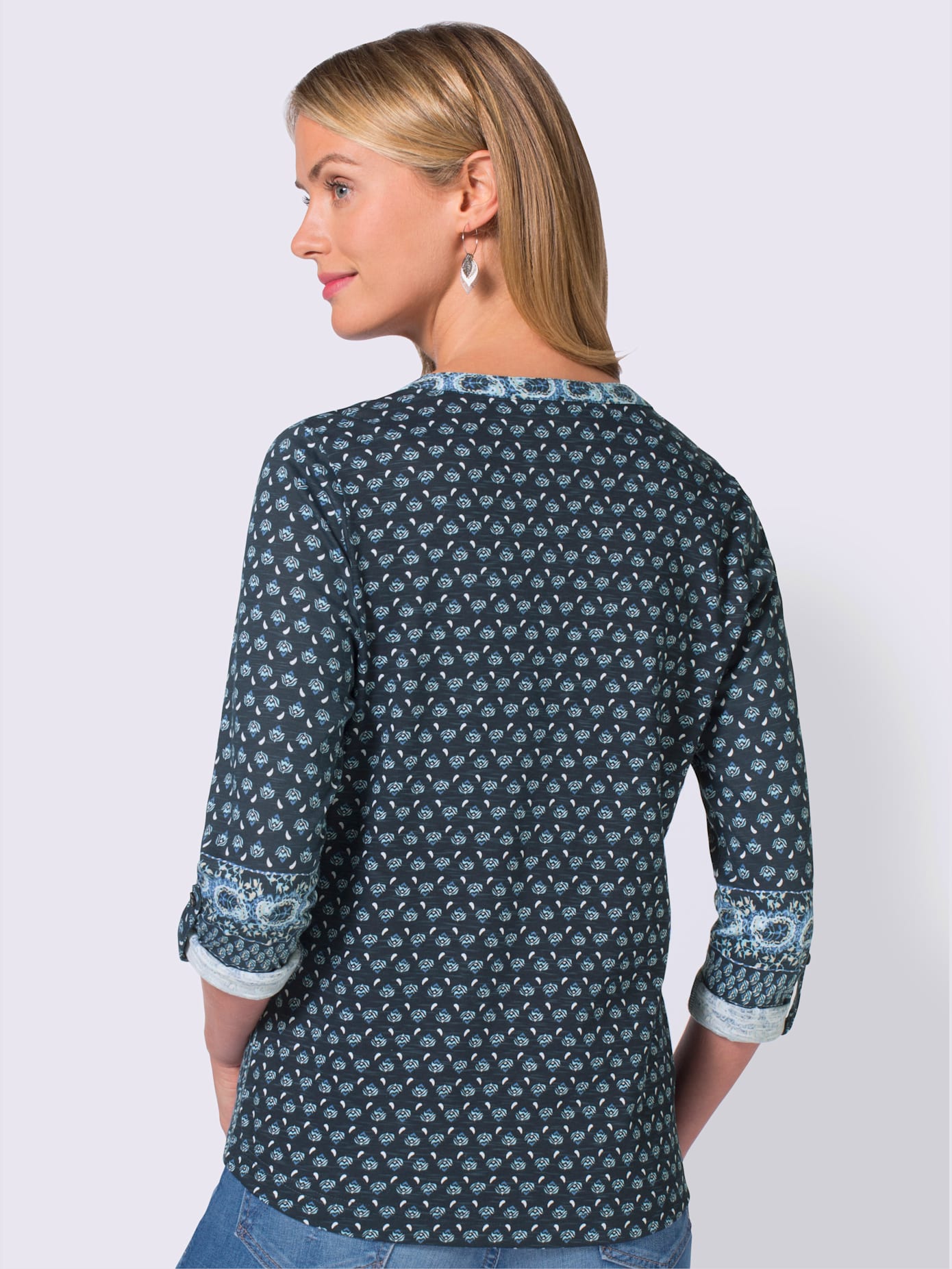 T-shirt imprimé motif cachemire col tunisien manches longues avec bride