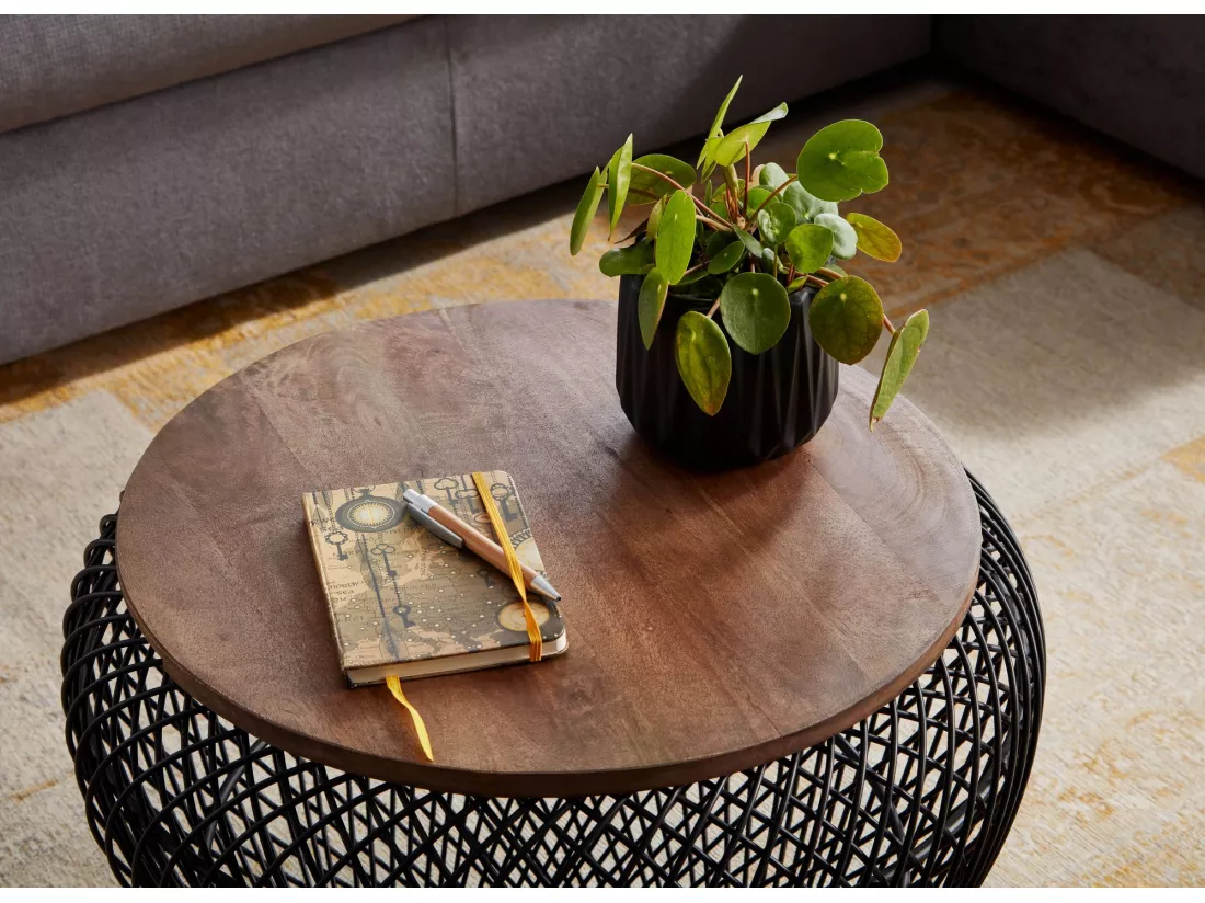 Table Basse de Salon Mangue Bois Massif et Métal 60x60x45 cm Ronde Noir | Petite Table de Canapé avec Rangement | Design Table d'appoint Style Moderne
