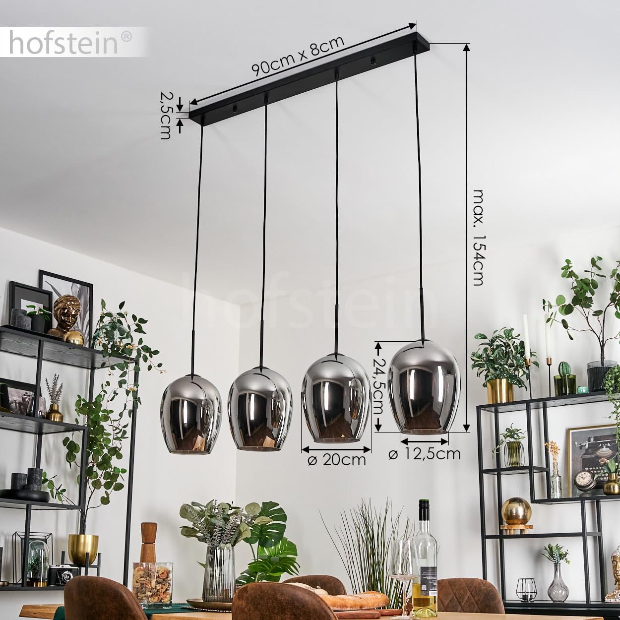 Pendelleuchte Vevino, Pendellampe aus Metall/Glas in Schwarz/Chromfarben, Leuchte im modernen Retro/Vintage-Design mit Schirmen aus Glas (Ø 20 cm), Höhe max. 154 cm, 4 x E27, ohne Leuchtmittel