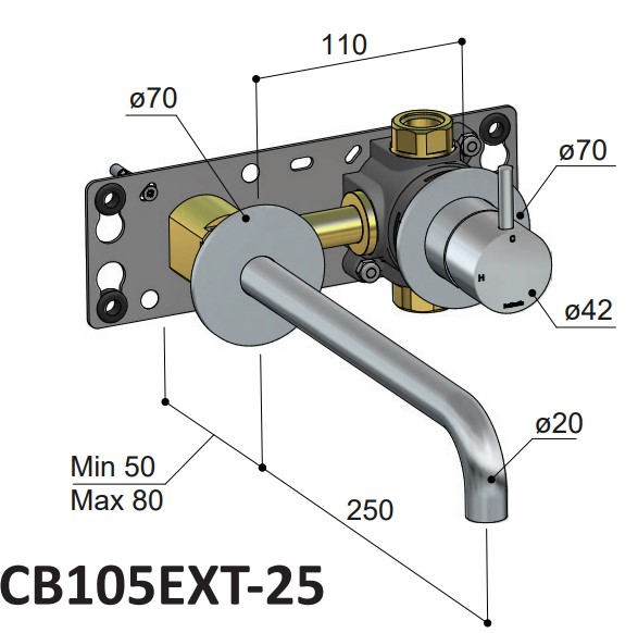 Hotbath Cobber 2-gats inbouw wastafelkraan 25cm verouderd ijzer