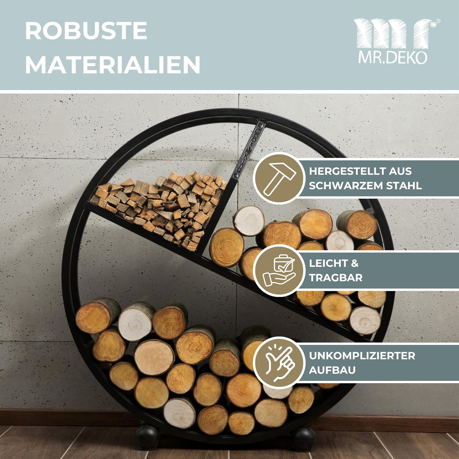 MR. DEKO BENE ON FIRE Kaminholzregal rund Kalifornien 80 cm | rundes Brennholzregal Metall schwarz | Holzlager dekorativ für Kamin Wohnzimmer | Feuerholzregal Garten Terrassen | Kaminholzunterstand