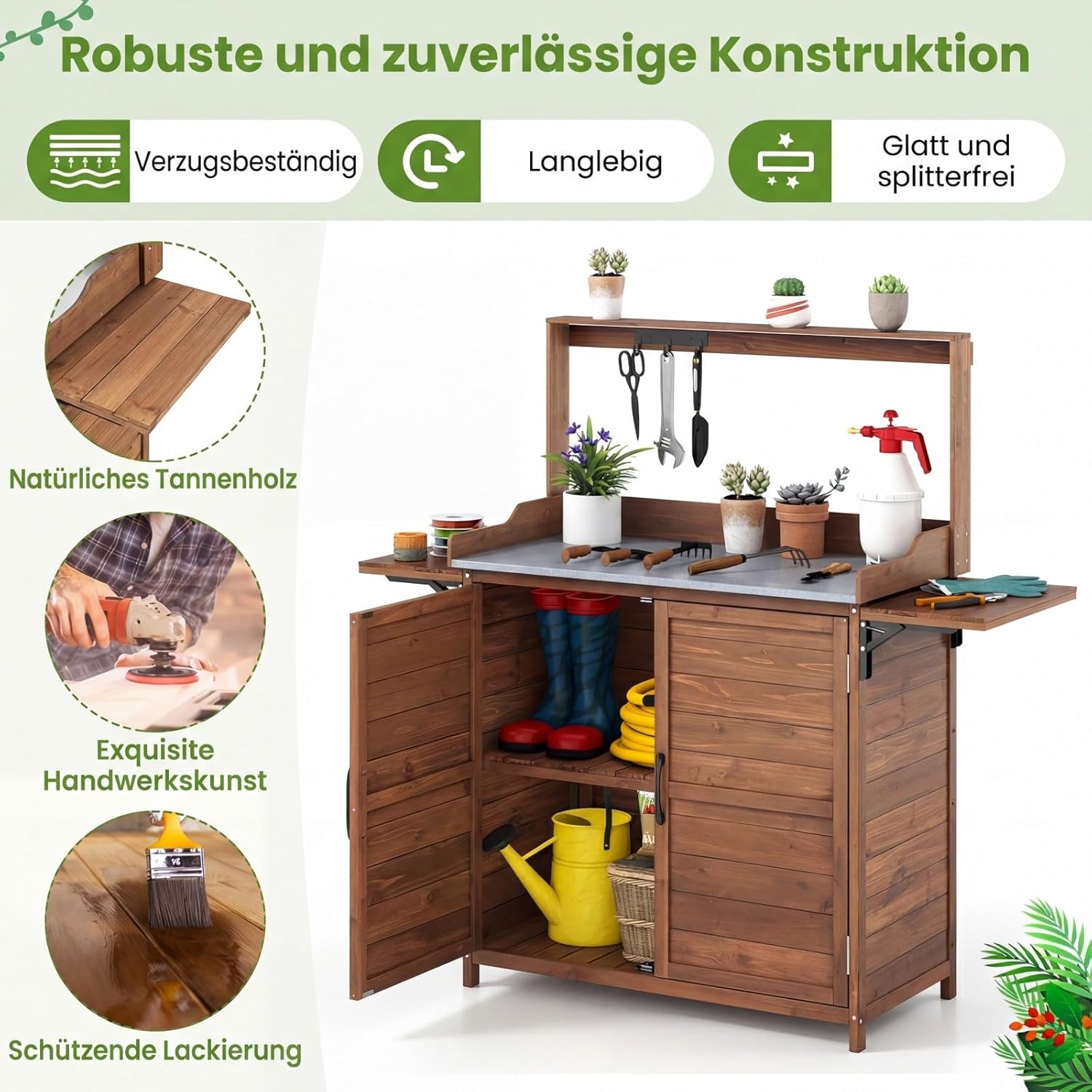 COSTWAY Pflanztisch Outdoor wetterfest, Gärtnertisch Holz, Blumentisch mit Unterschrank & verzinkter Arbeitsplatte & klappbarer Seitentische, Gärtnertisch für Garten Terrasse Hof, 138x47x128cm, Braun