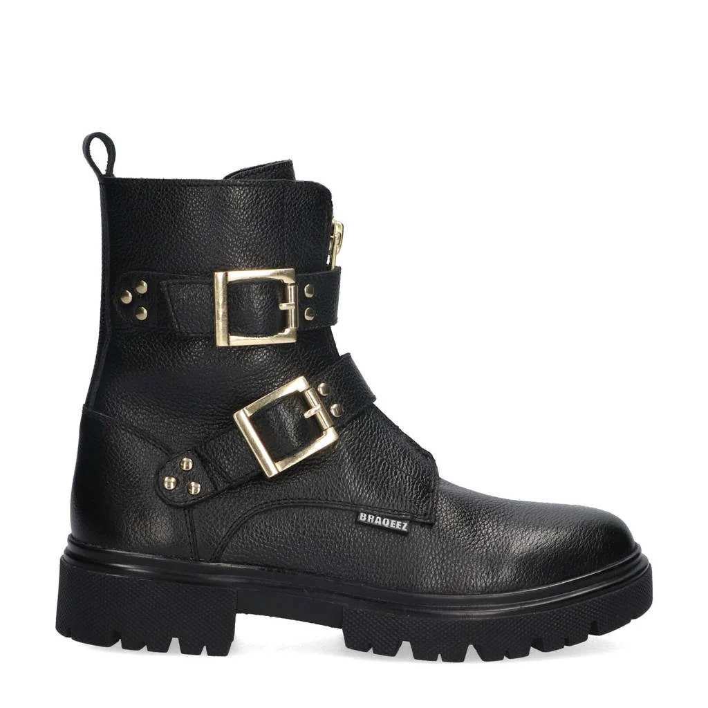 Braqeez Mila Moxiechunky leren bikerboots zwart