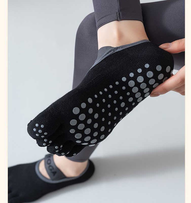 (1 Paar) Anti-Rutsch Baumwoll Zehentrenner Pilates Yoga Sport Socken (One Size) - Schwarz