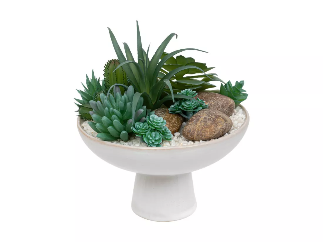 Compo Plantes grasses arificielles dans un pot en céramique émaillée D 19 x H 20 cm