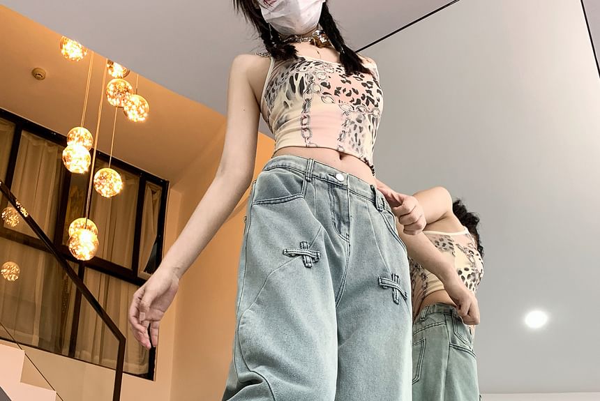 Porstina - Mid Rise Washed Wide Leg Cargo Jeans