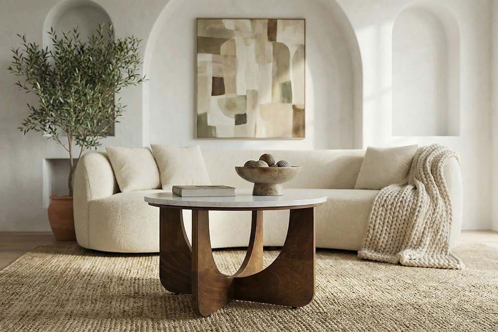Runder Couchtisch ENSO 60cm weiß Marmor braun massiv Mangoholz