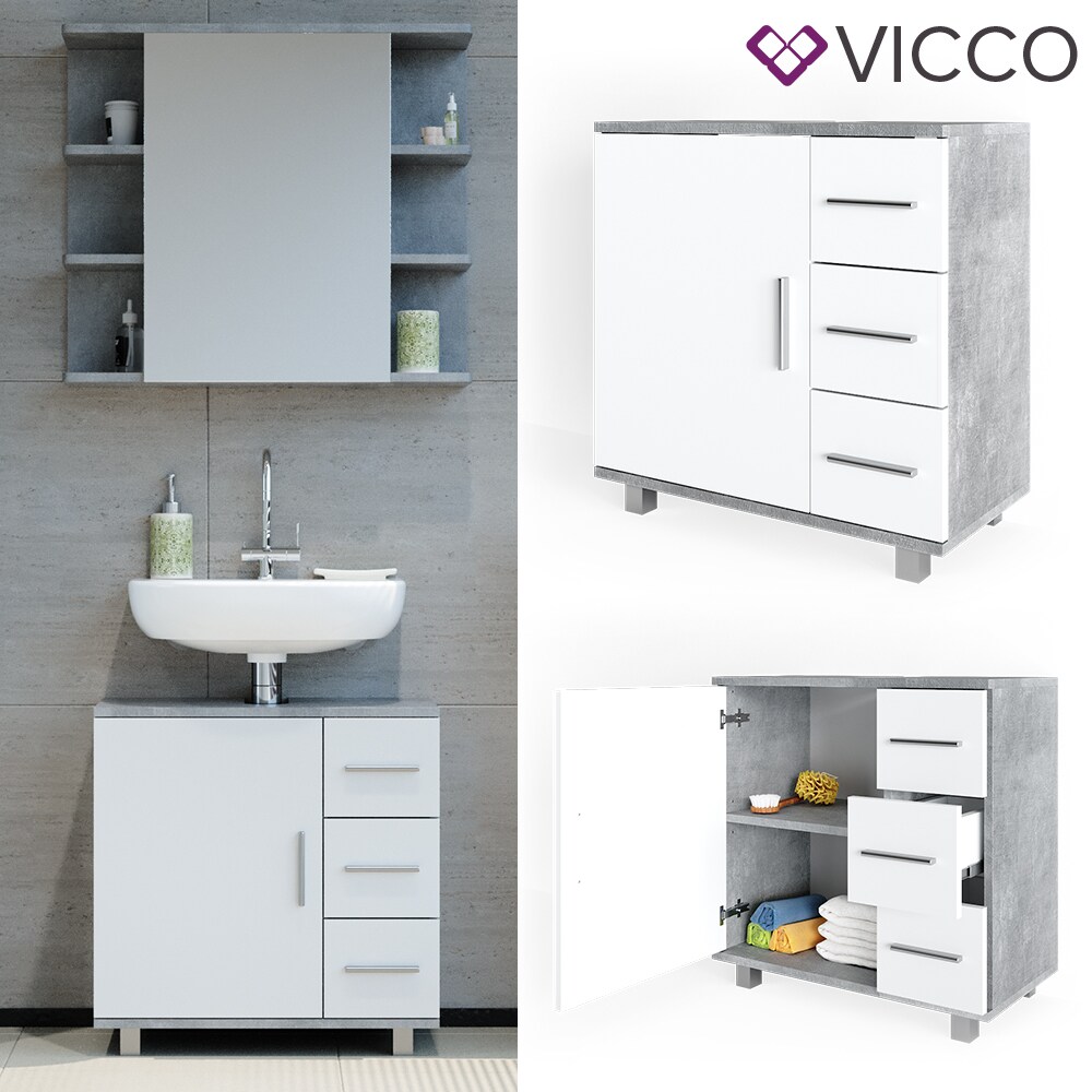 VICCO Waschbeckenunterschrank ILIAS Weiß Beton Waschtisch Unterschrank Badezimmer