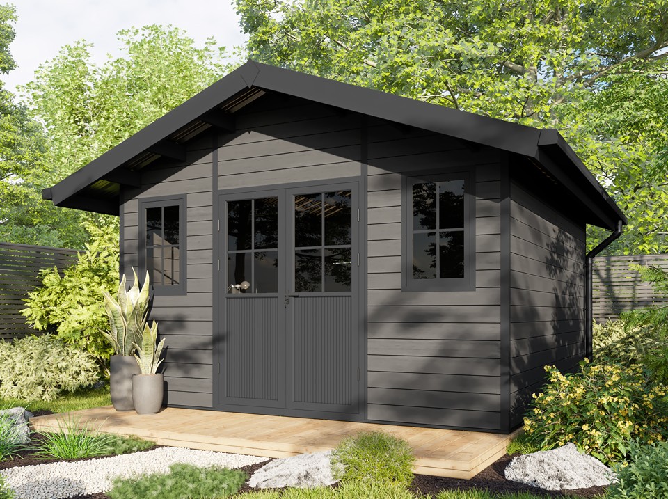 Abri de jardin bois composite braga - 16m2 gris - epaisseur des murs : 28 mm - aluminium - anti uv et intemperies