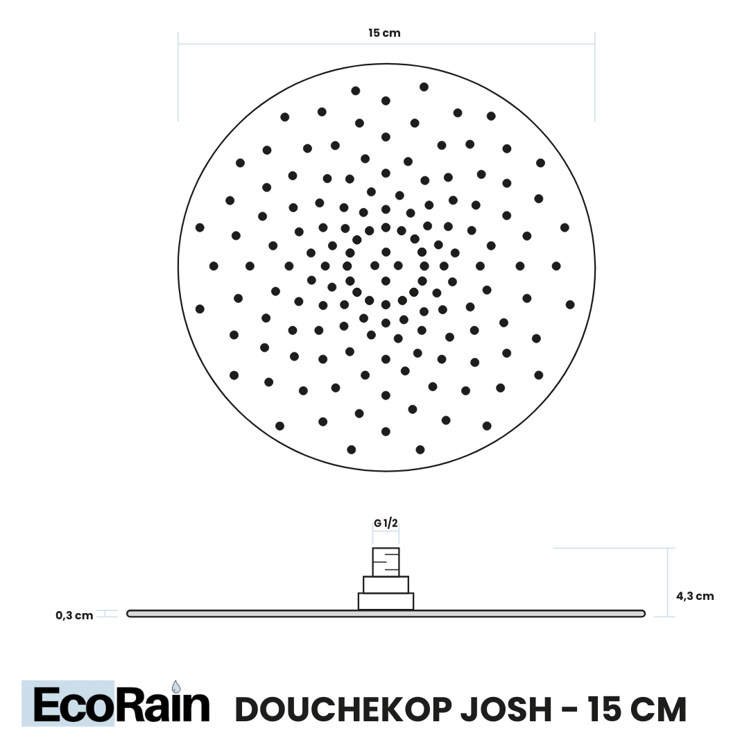 EcoRain Waterbesparende Regendouchekop Josh 15 cm Rond Zwart - 30% Waterbesparende Douchekop - Waterbesparende Douchekop - Moderne Universele Regendouchekop - Grote Anti-verbrandingsdouchekop