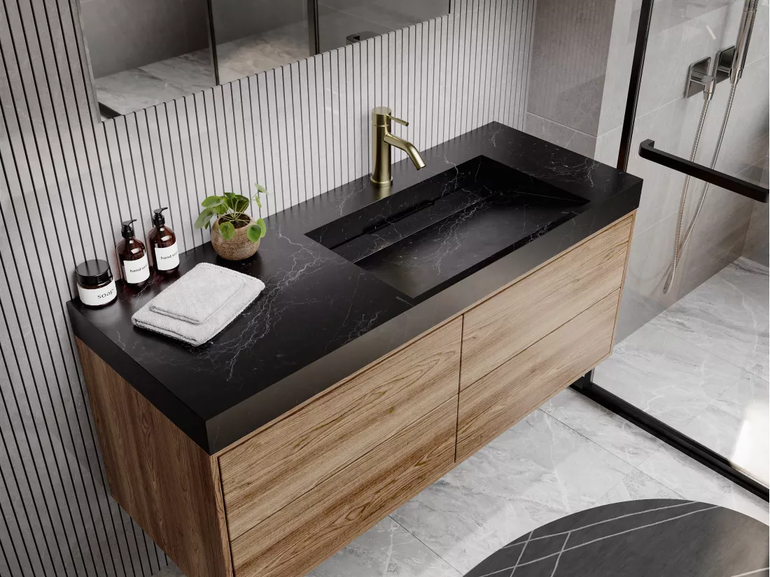 Vasque suspendue en solid surface effet marbre noir - 120 x 45 x 8 cm - OKAPA