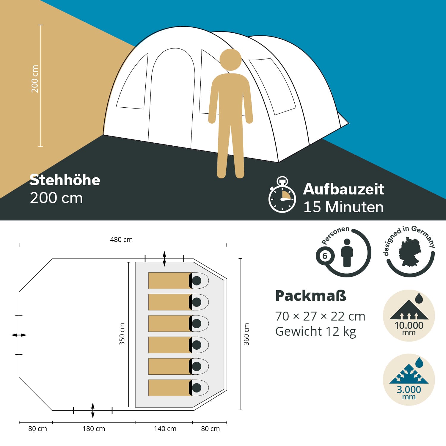 Skandika Kambo 6 tunneltent - Beige