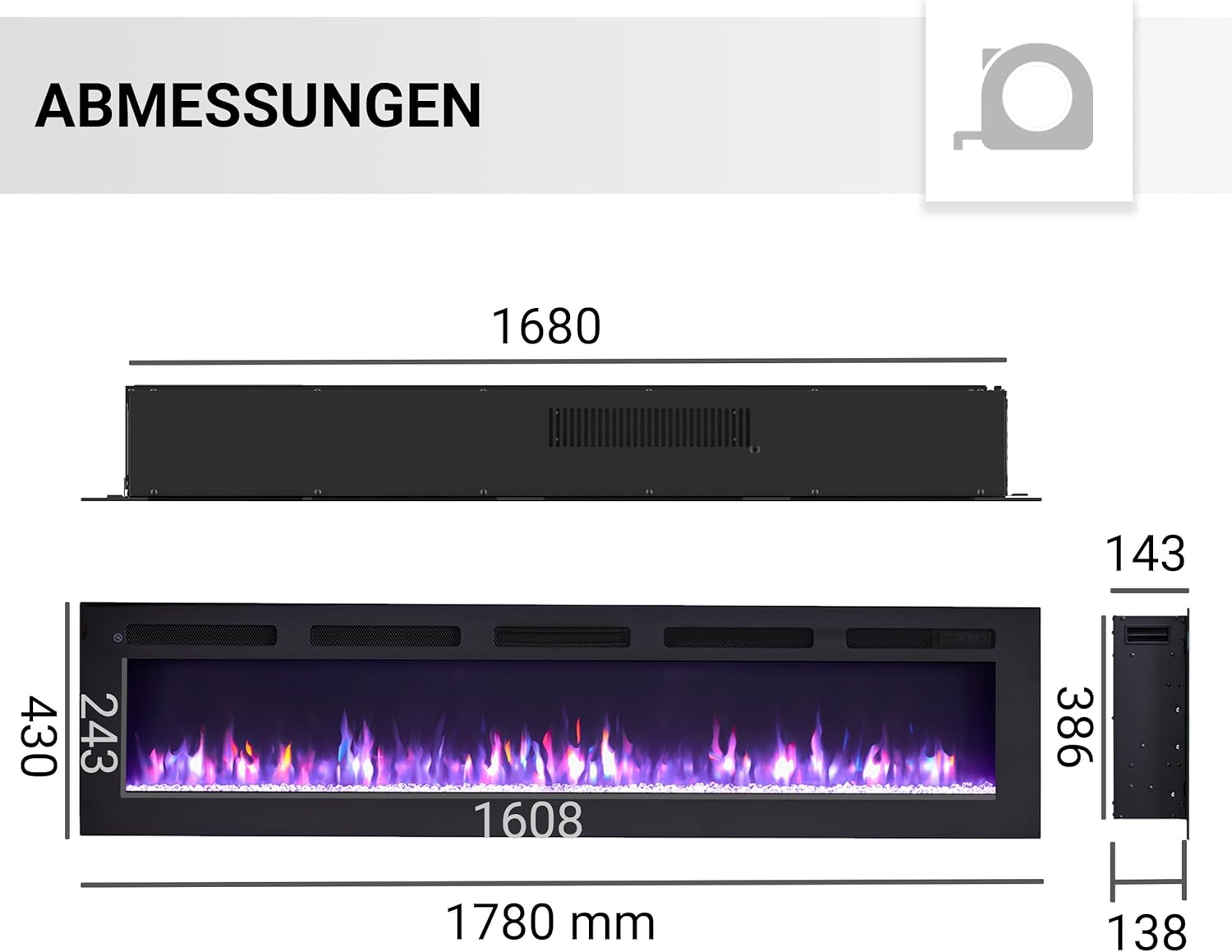 BALDERIA Elektrokamin Leif 70'' | Elektrischer Wand- oder Einbaukamin 3D-Flammeneffekt | Elektro Heizung 1800W | Kamin mit Fernbedienung, Startsteuerung, Timer & Thermostat | Schwarz