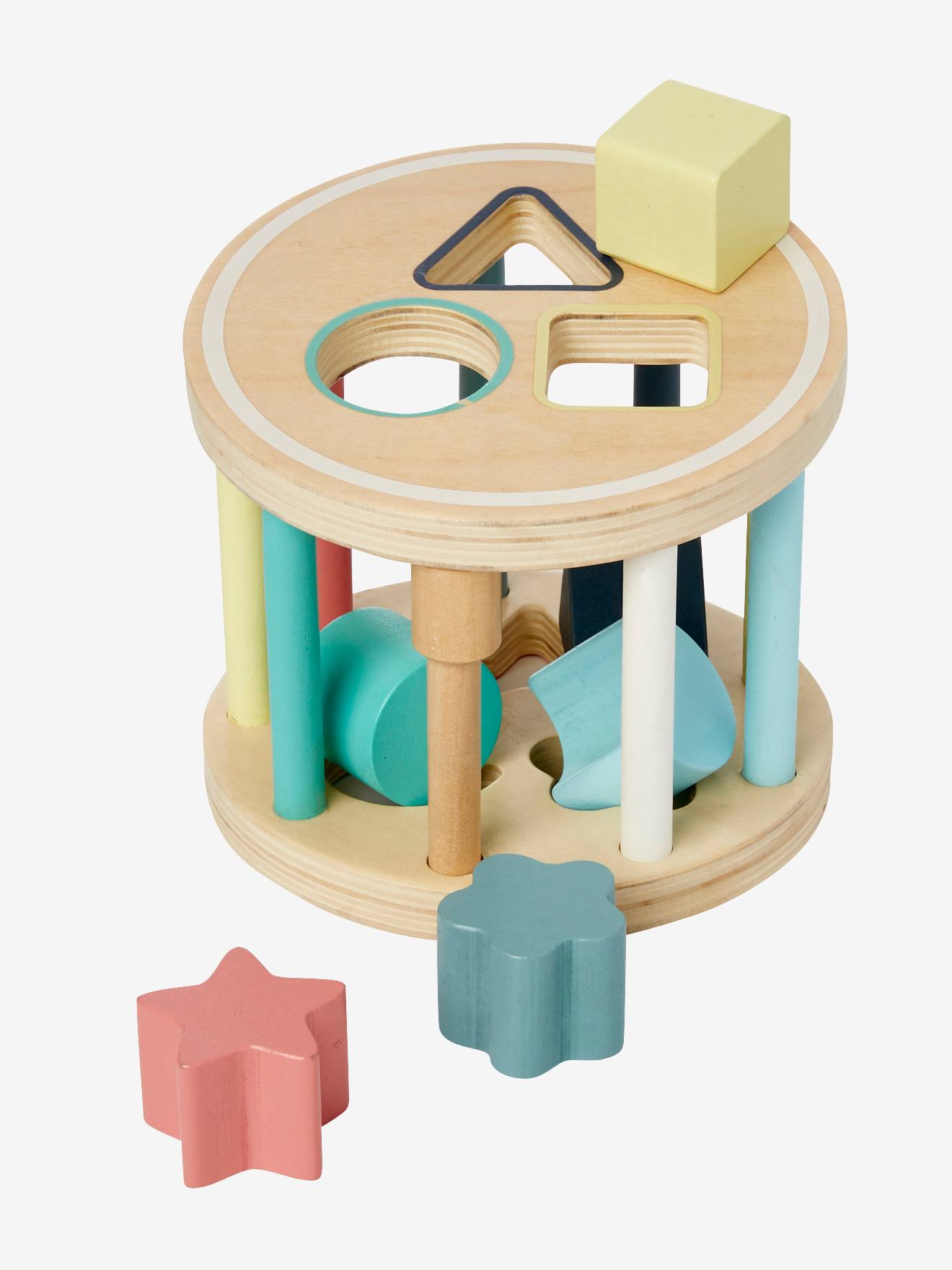 Caixa cilíndrica de madeira multicolorida feita com madeira certificada FSC®.