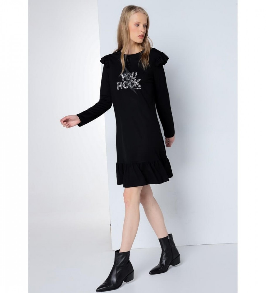 Vestido curto Lois com babados e estampa metálica preta