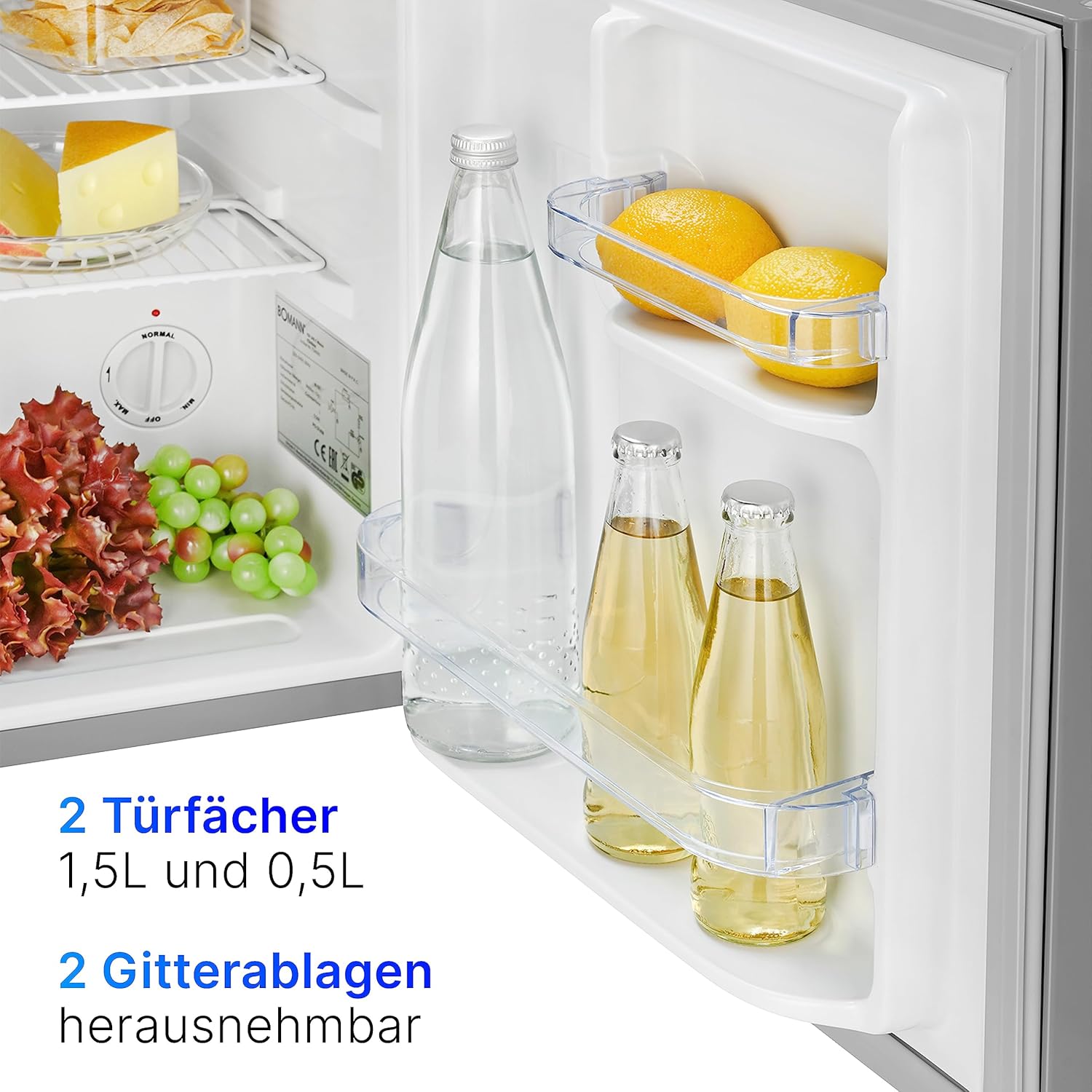 Bomann® Mini Kühlschrank 42 Liter | Getränkekühlschrank klein für Büro, Camping und Gaming | kleiner Kühlschrank leise 39 dB | Minibar mit wechselbarem Türanschlag | 51x45x45 cm | KB 7346 inox