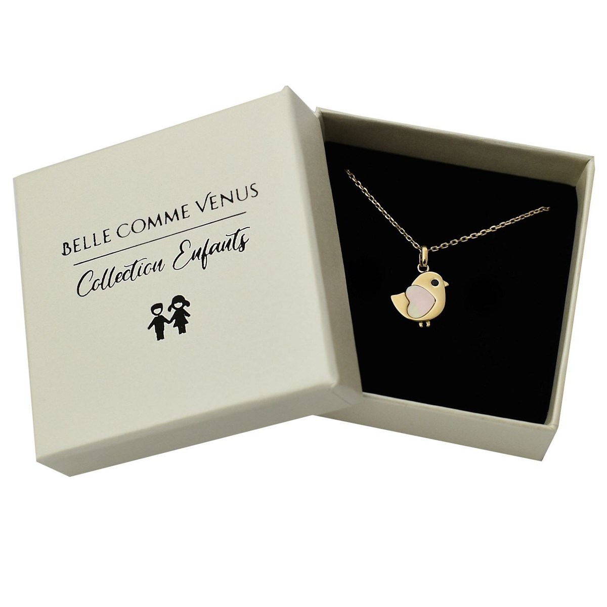 Collier oiseau coeur de nacre oeil oxyde de zirconium noir Plaqué OR 750 3 microns