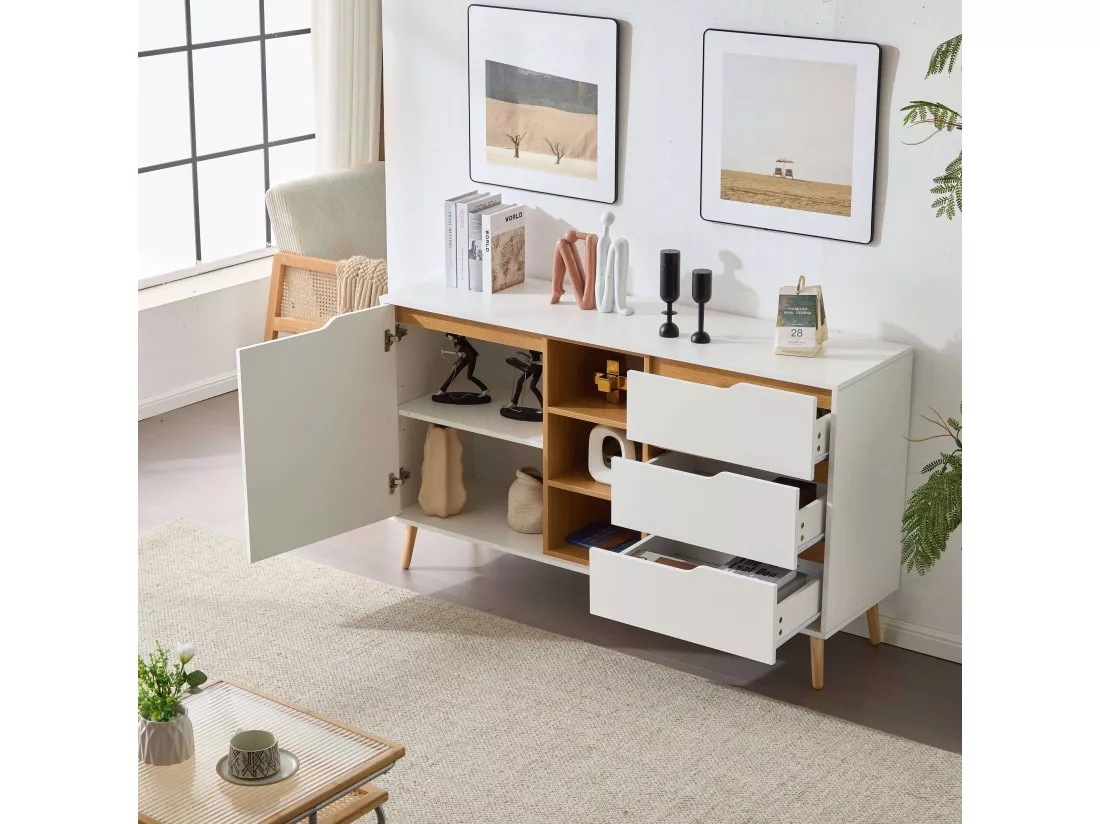 Buffet avec étagères, avec 3 tiroirs et espace de rangement ouvert, 140 x 40 x 80,5 cm, blanc