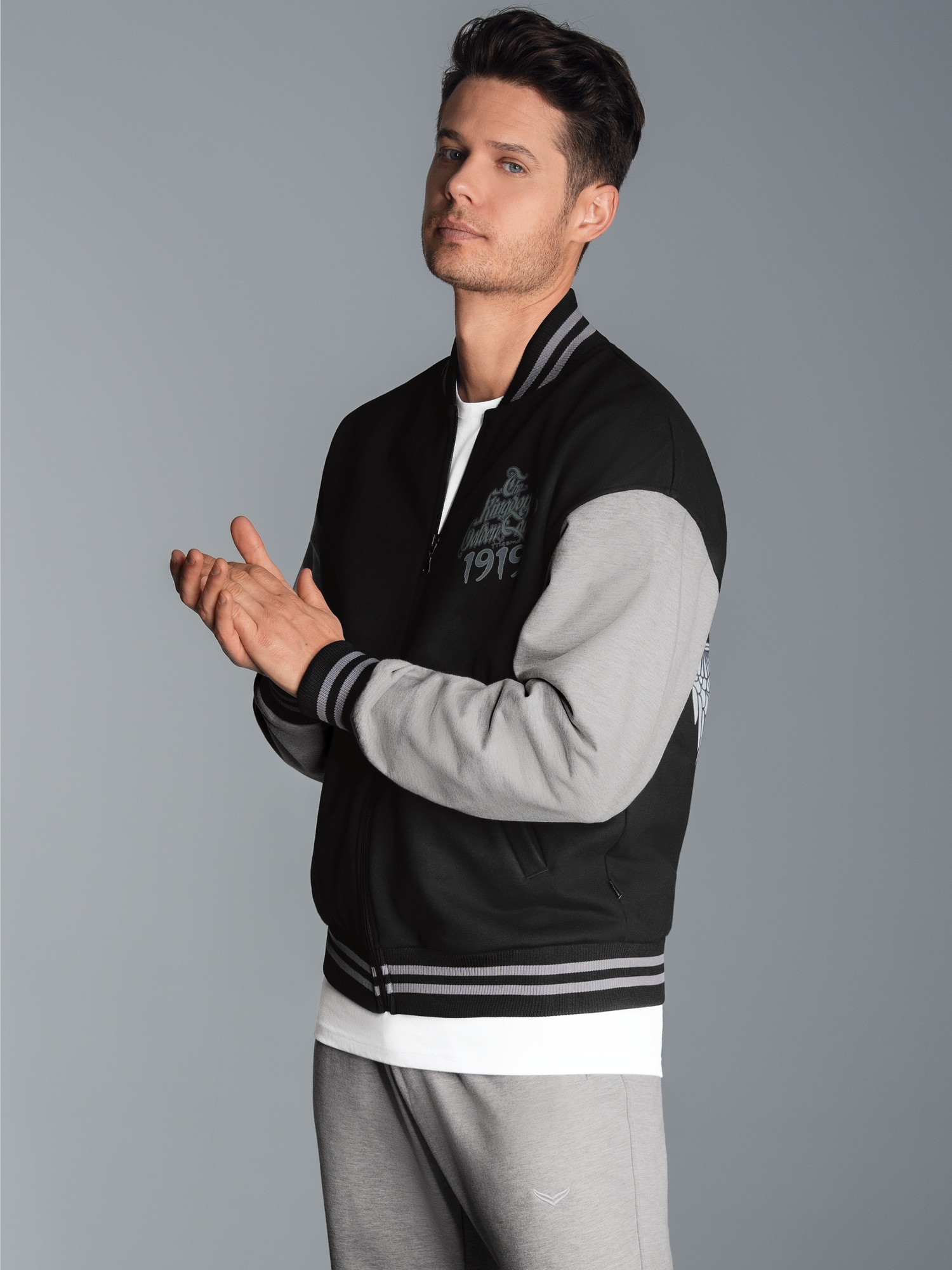 Collegejacke mit großem Adler-Rückenprint Schwarz
