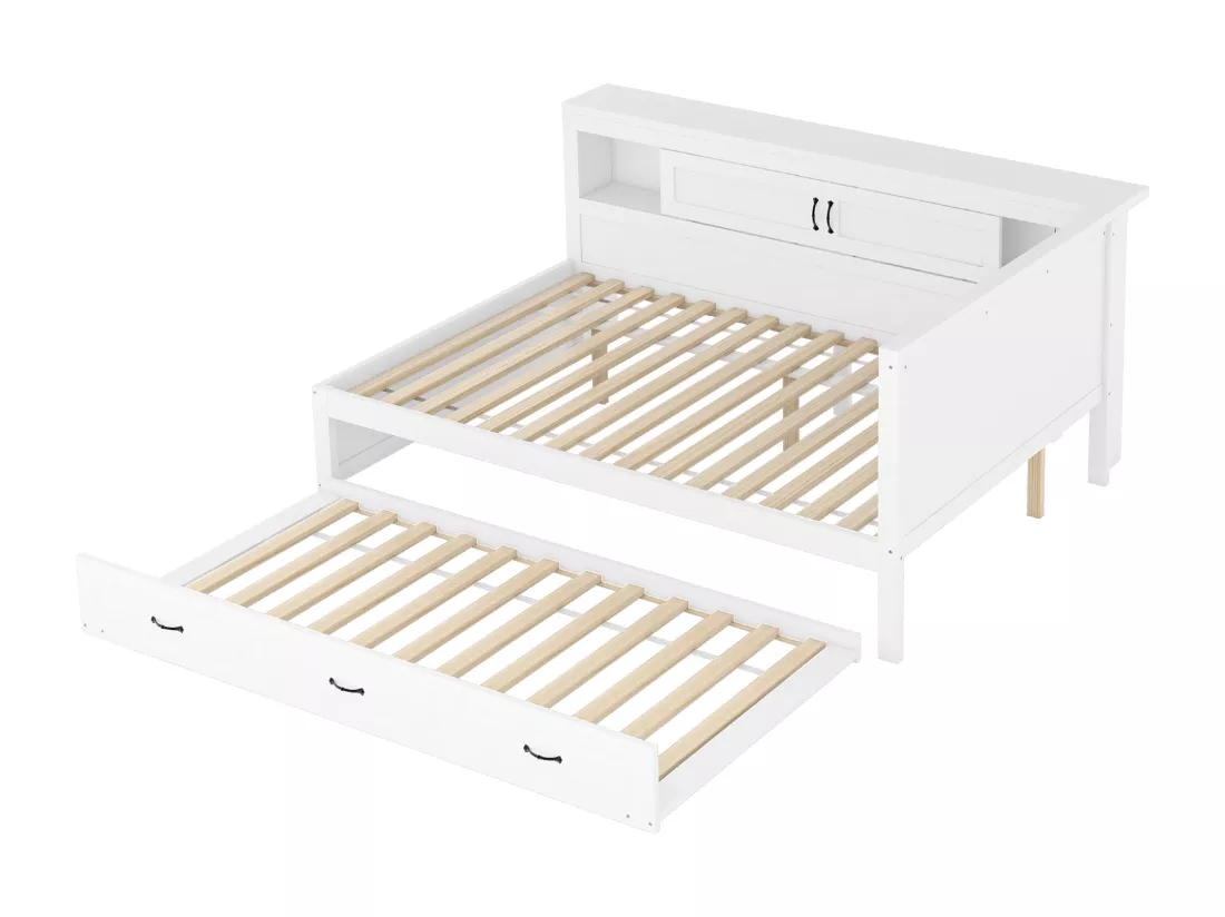 Lit banquette 140x200cm avec LED et prises - avec un lit gigogne 90x190cm - Blanc