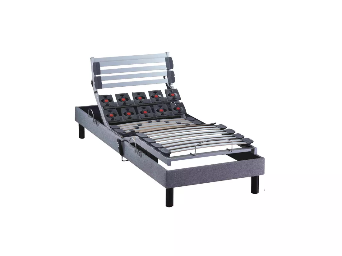Sommier électrique de relaxation lattes + plots tissu gris clair 90x190
