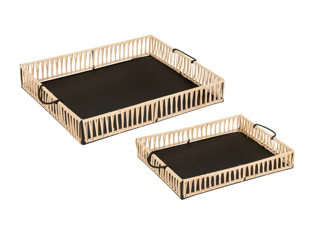 Set de 2 Plateaux en rotin et métal noir