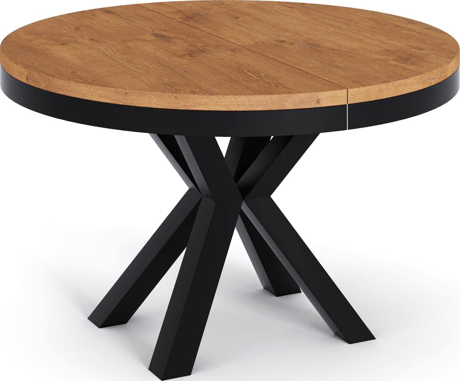 WFL GROUP Runder Ausziehbarer Esstisch im Loft-Stil - Industrieller Tisch mit Schwarzen Metallbeinen - Platzsparender Tisch für Wohnzimmer - Lancelot Eiche - 100 bis 180 cm