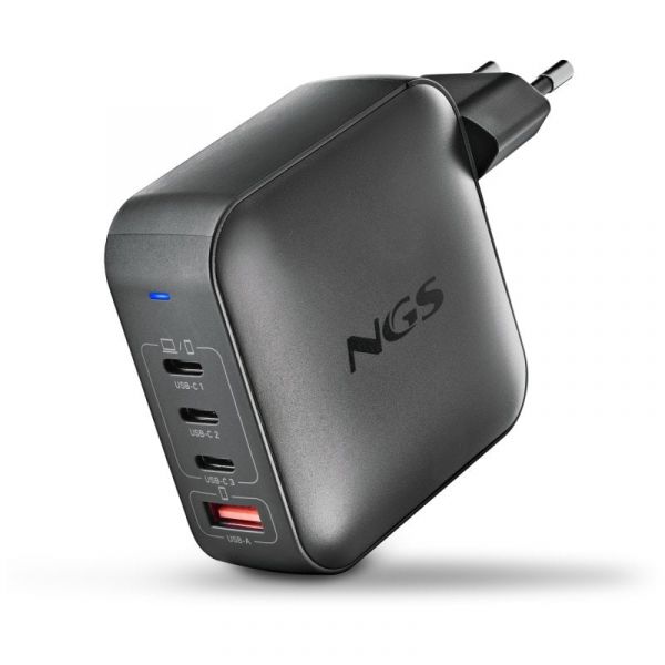 NGS BUD Carregador de parede 165W 4 Portas 3 USB-C 1 USB-A Carregamento rápida Preto