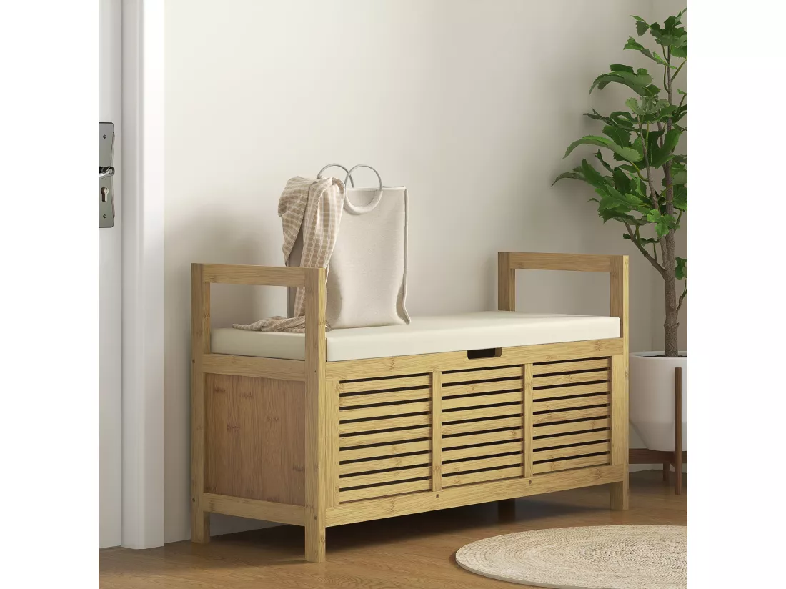 Banc à chaussures coffre de rangement 2 en 1 avec coussin bambou