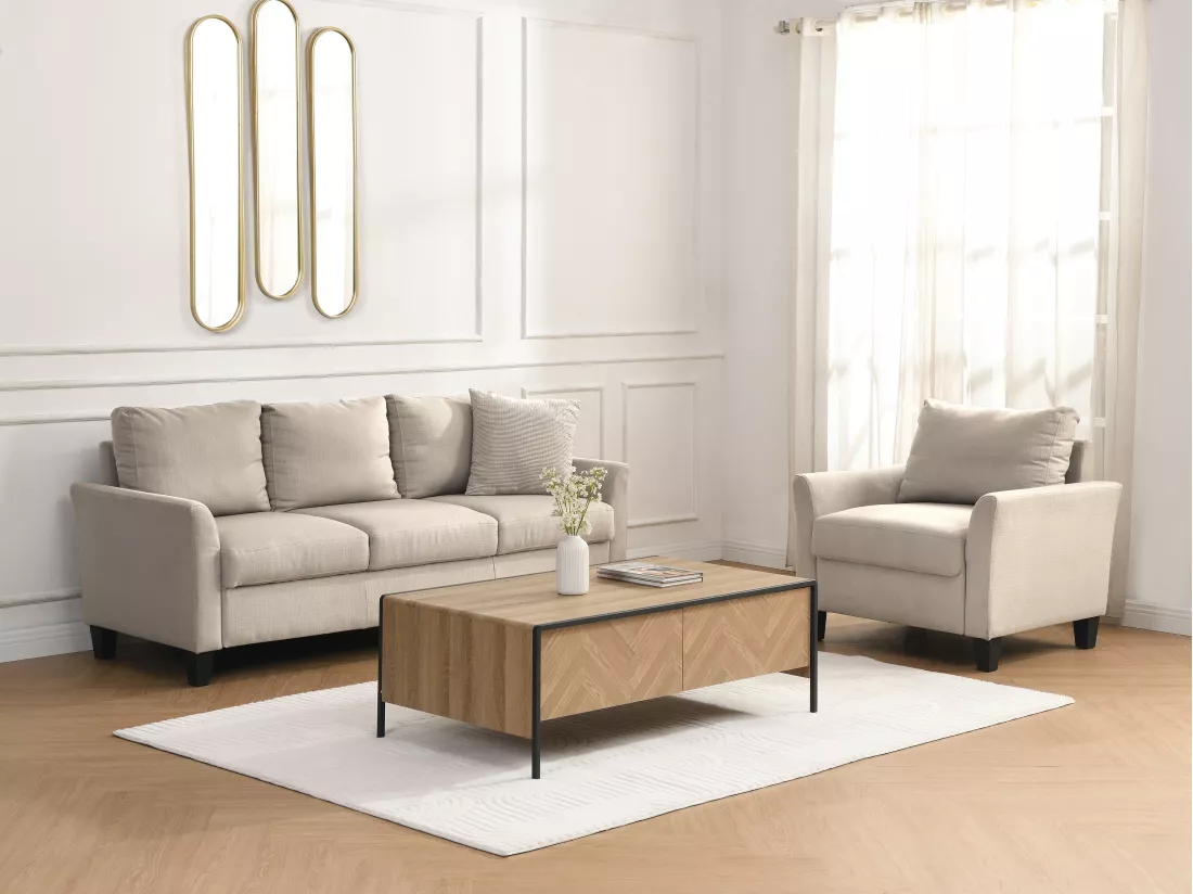 Table basse avec 2 tiroirs en MDF et acier - Naturel clair et Noir - TUMACO