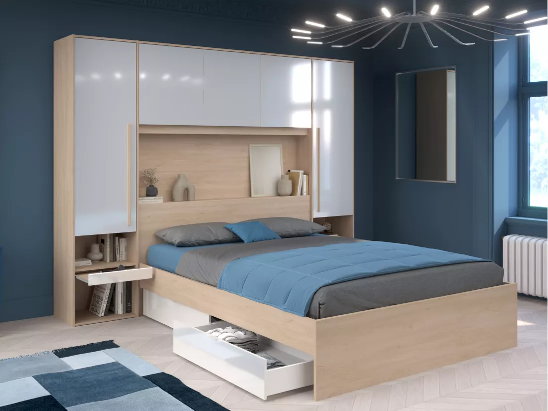 Lit pont 160 x 200 cm avec rangements - avec LEDs - Coloris : Naturel et blanc brillant + Sommier + Matelas - VELONA
