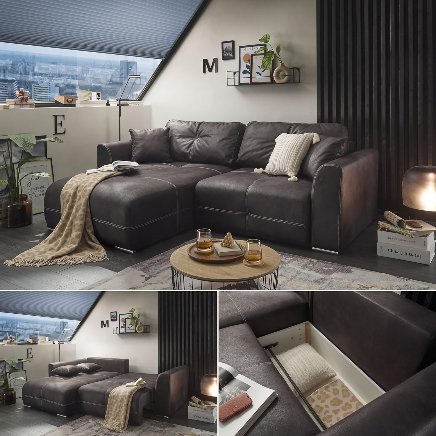 DOLAN Ecksofa mit Schlaffunktion in Lederoptik, Anthrazit - Moderne Eckcouch in L-Form mit Bettkasten - 247 x 90 (70) x 190 cm (B/H/T)