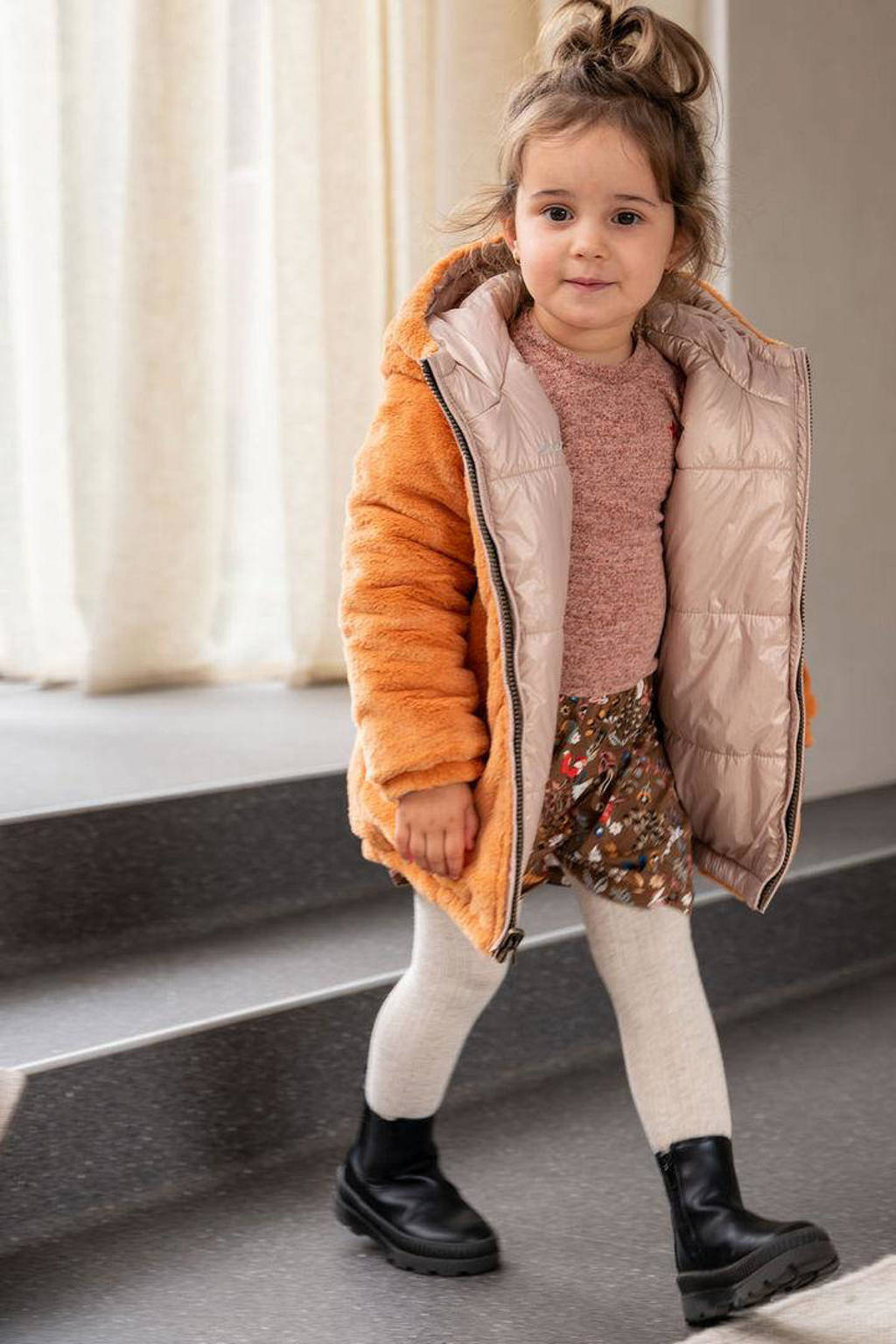 Like Flo reversible winterjas met imitatiebont oranje/metallic roze