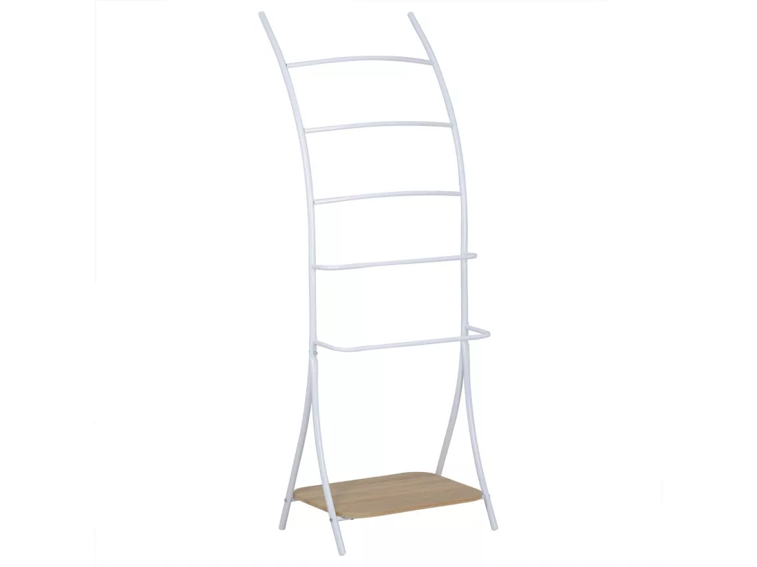 Porte-serviettes sur pied EDY portant pour linge de salles de bain avec 5 barres en métal laqué blanc, 1 étagère en MDF chêne sonoma