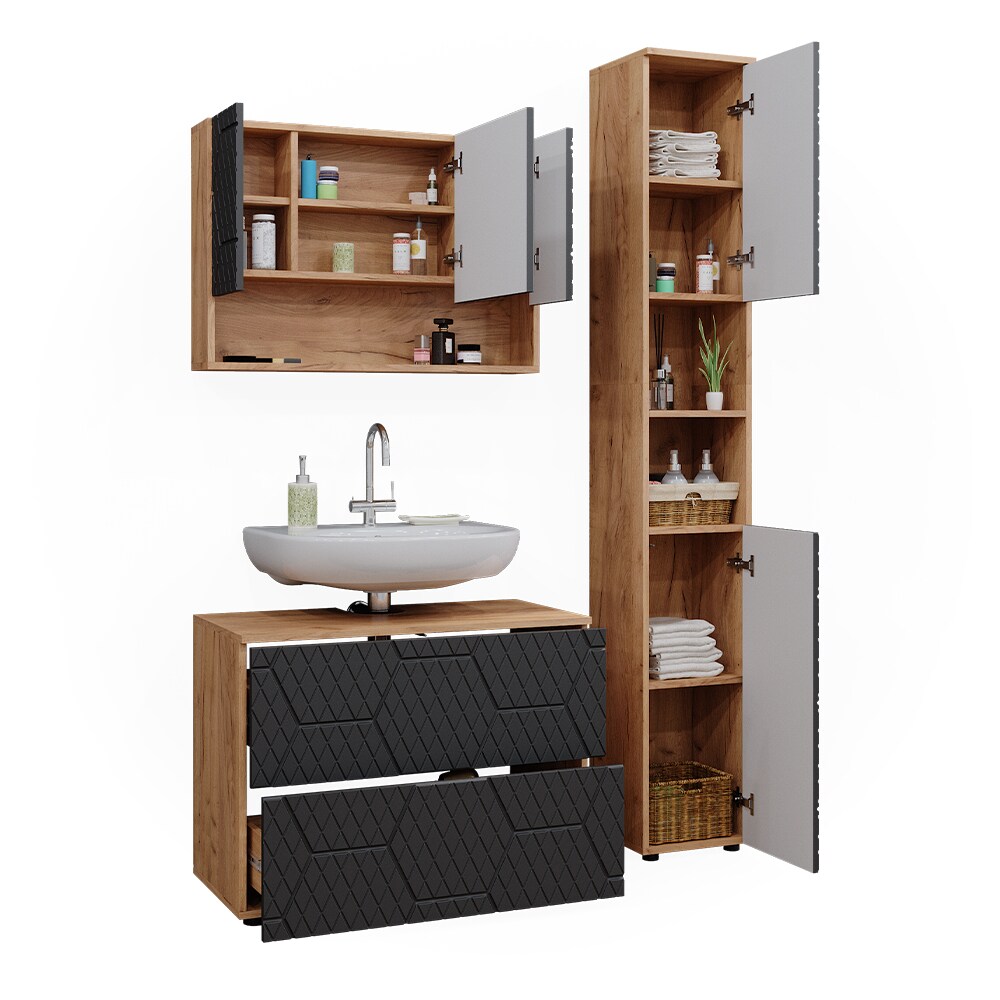 Vicco Badmöbel-Set Irma Eiche Anthrazit 3-teilig Hochschrank Waschbeckenschrank 80 cm