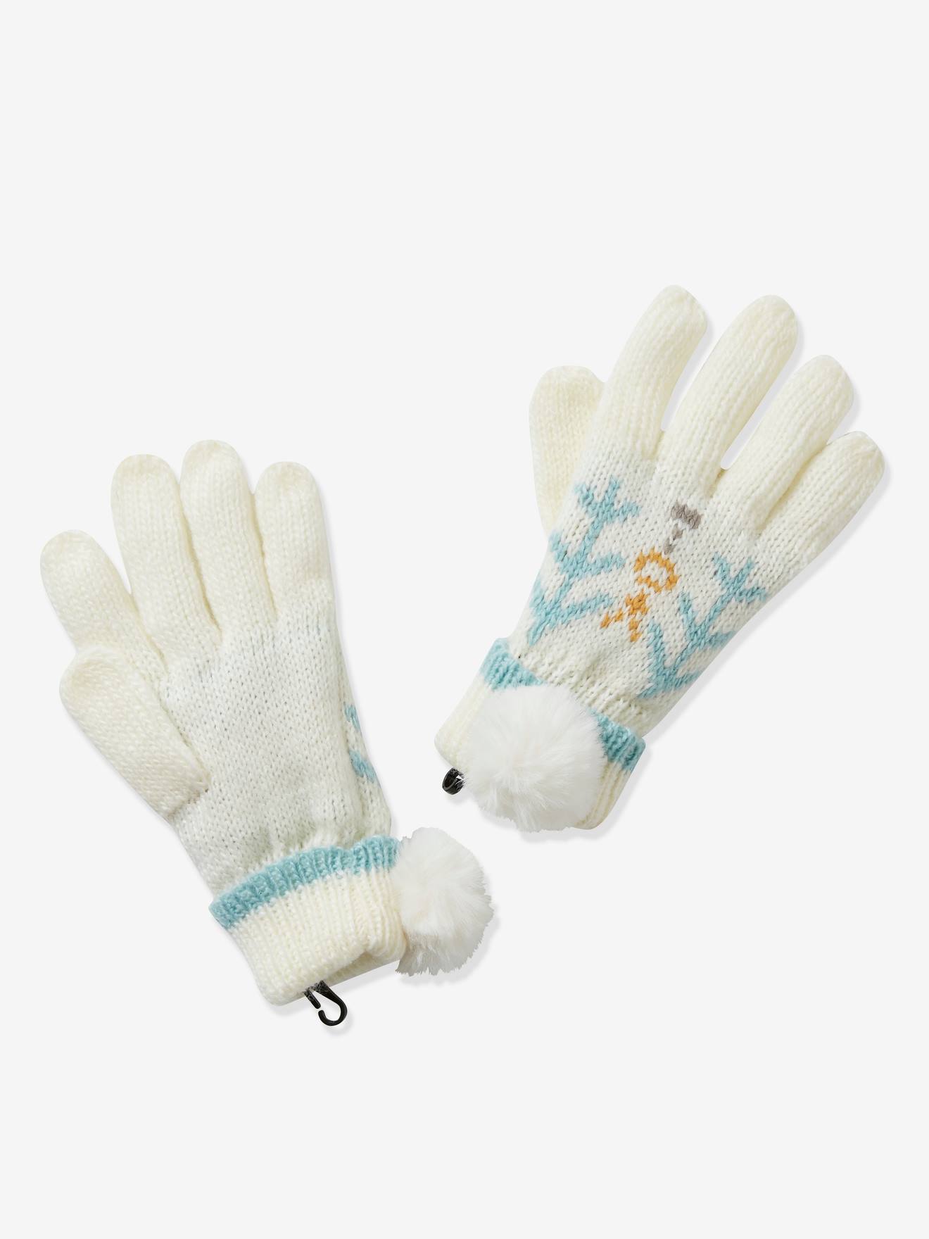 Luvas femininas de malha jacquard com pompons de pele sintética estampada em bege claro com certificação Oeko-Tex®.