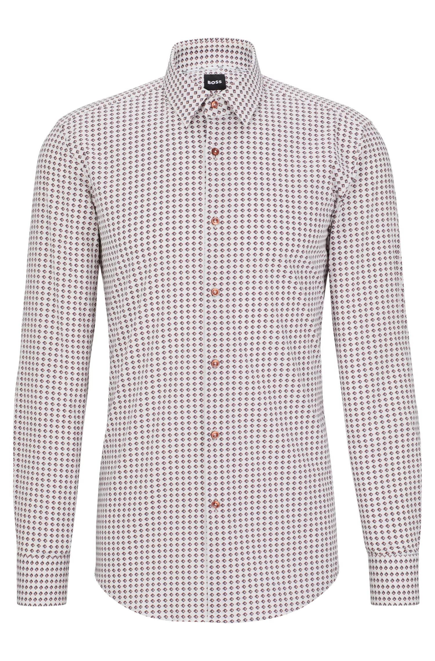 Camisa BOSS preta de corte slim em algodão elástico estampado.