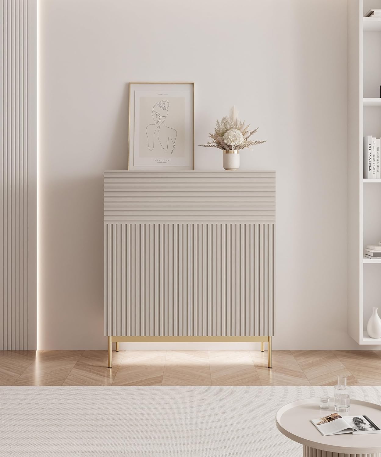 Selsey Kommode mit LED-Beleuchtung Modernes Sideboard in Kaschmir mit Push-to-Open Schlafzimmer Kommode 92cm Breite 4 Ablagen und Klappfach Elegante Goldene Metallbeine für Wohnzimmer