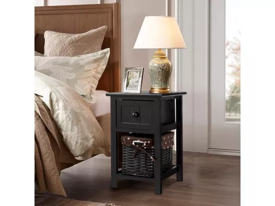Table de Chevet Lot de 2, Table de Nuit 1 Tiroir avec 1 Panier pour Chambre, Salon, 28 x 31 x 45 cm (Noir)