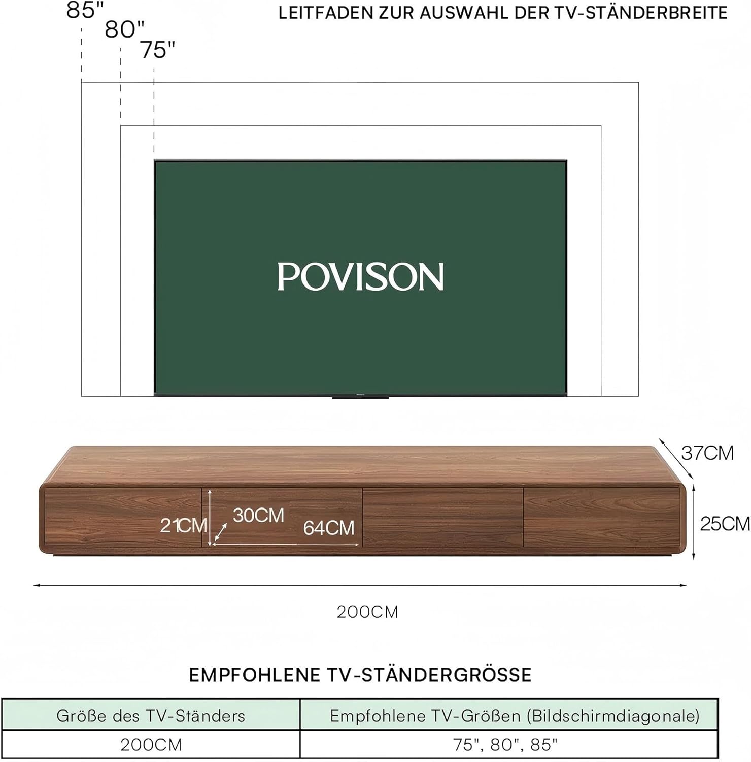 POVISON Schwebender TV-Schrank 200 cm, Moderne Walnussholz aus Massivholz mit 3 Schubladen und Lichtleiste, TV-Low-Panel-Aufhängung, Kabelmanagement, hochwertig mit Stauraum für Wohnzimmer