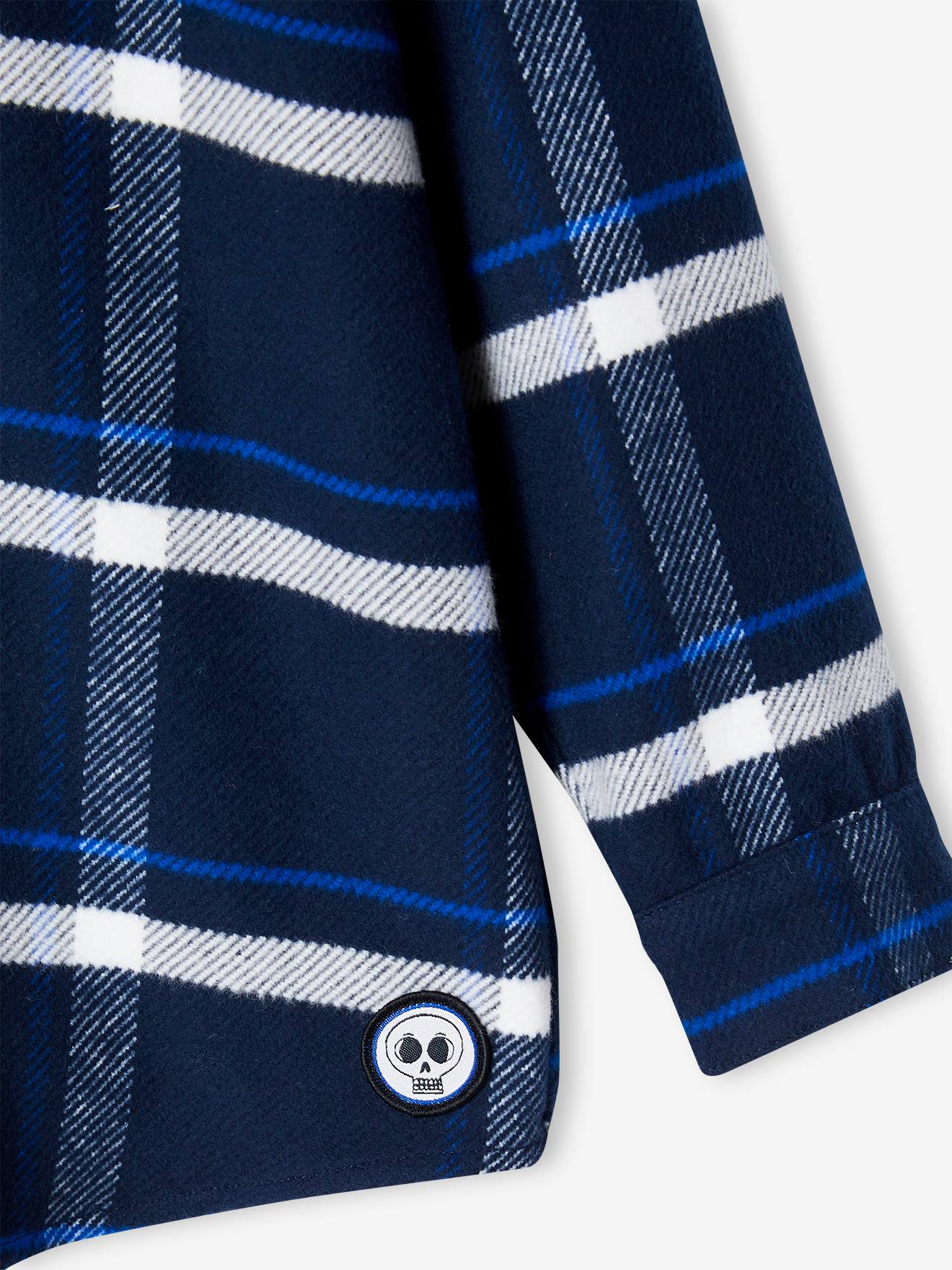 Camisa de flanela azul marinho com capuz e estampa xadrez grande para meninos