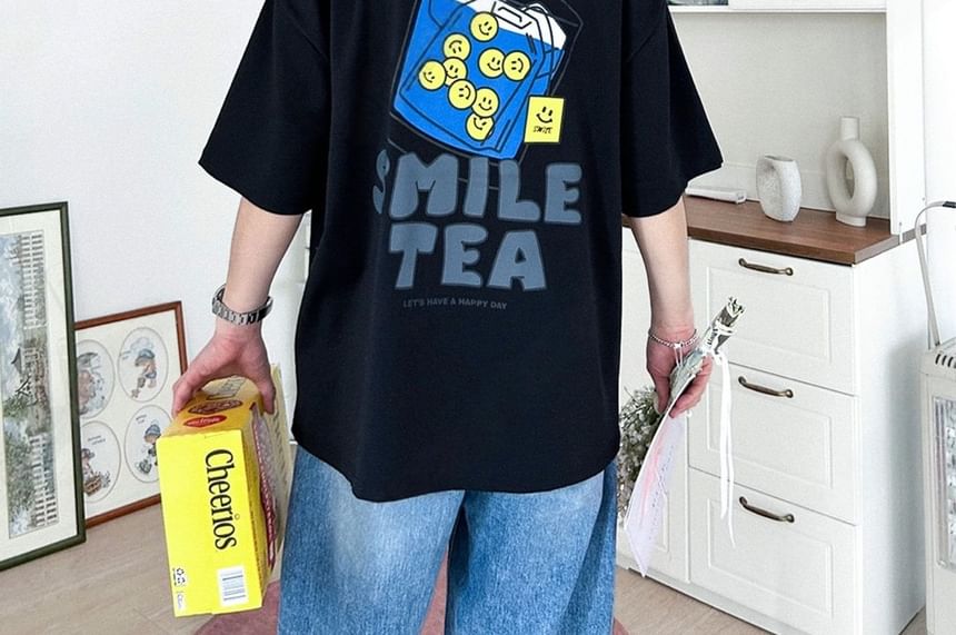 SeoulPop - T-shirt met korte mouwen en cartoonprint, losvallend