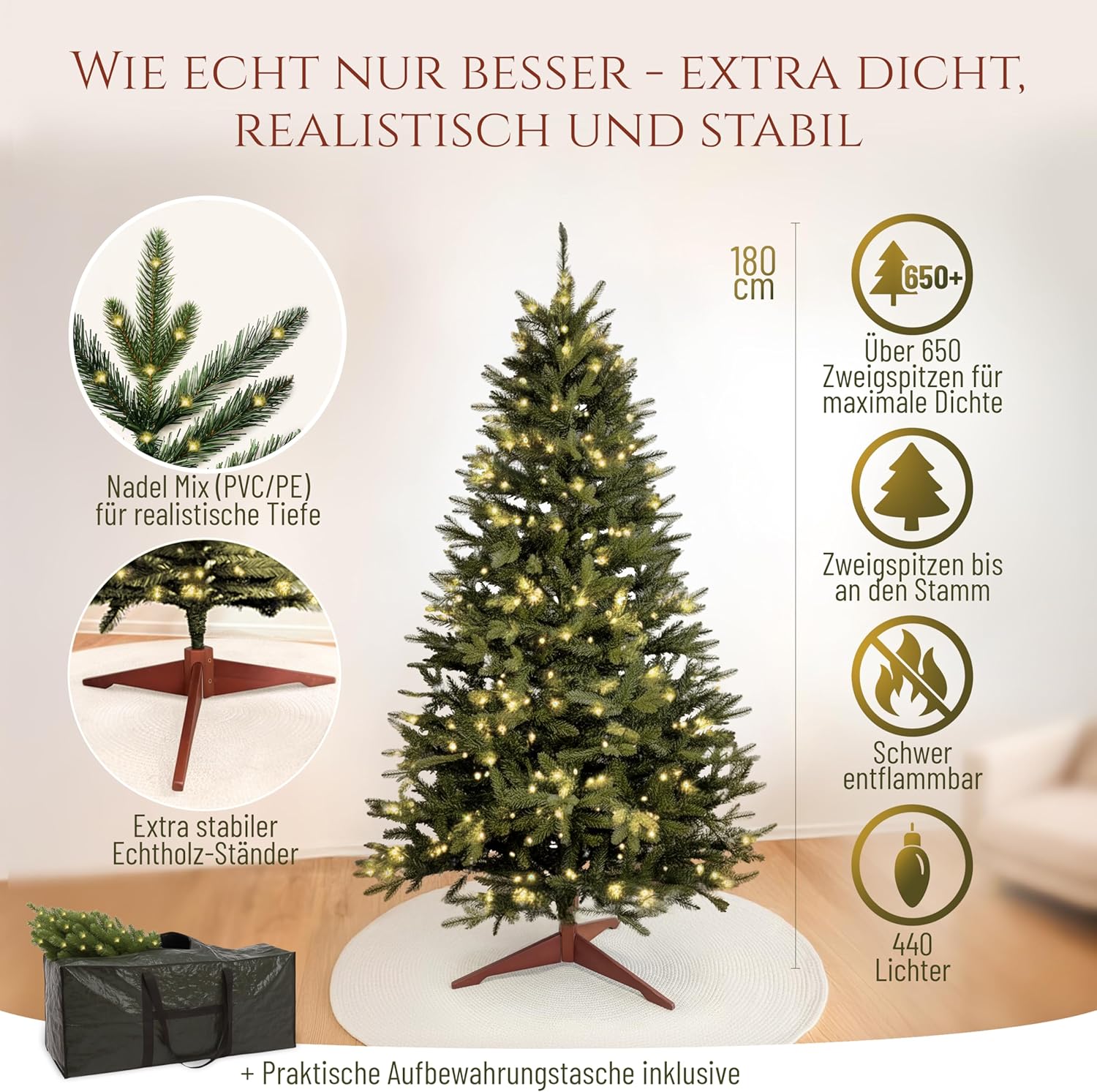 Premium Künstlicher Weihnachtsbaum mit Beleuchtung 180 cm – naturgetreuer Tannenbaum künstlich mit 440 warmweiß-goldenen LED, 8 Lichtmodi & Timer – Weihnachtsbaum LED mit Holzständer