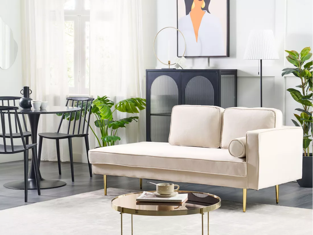 Chaise longue côté droit en velours beige MIRAMAS