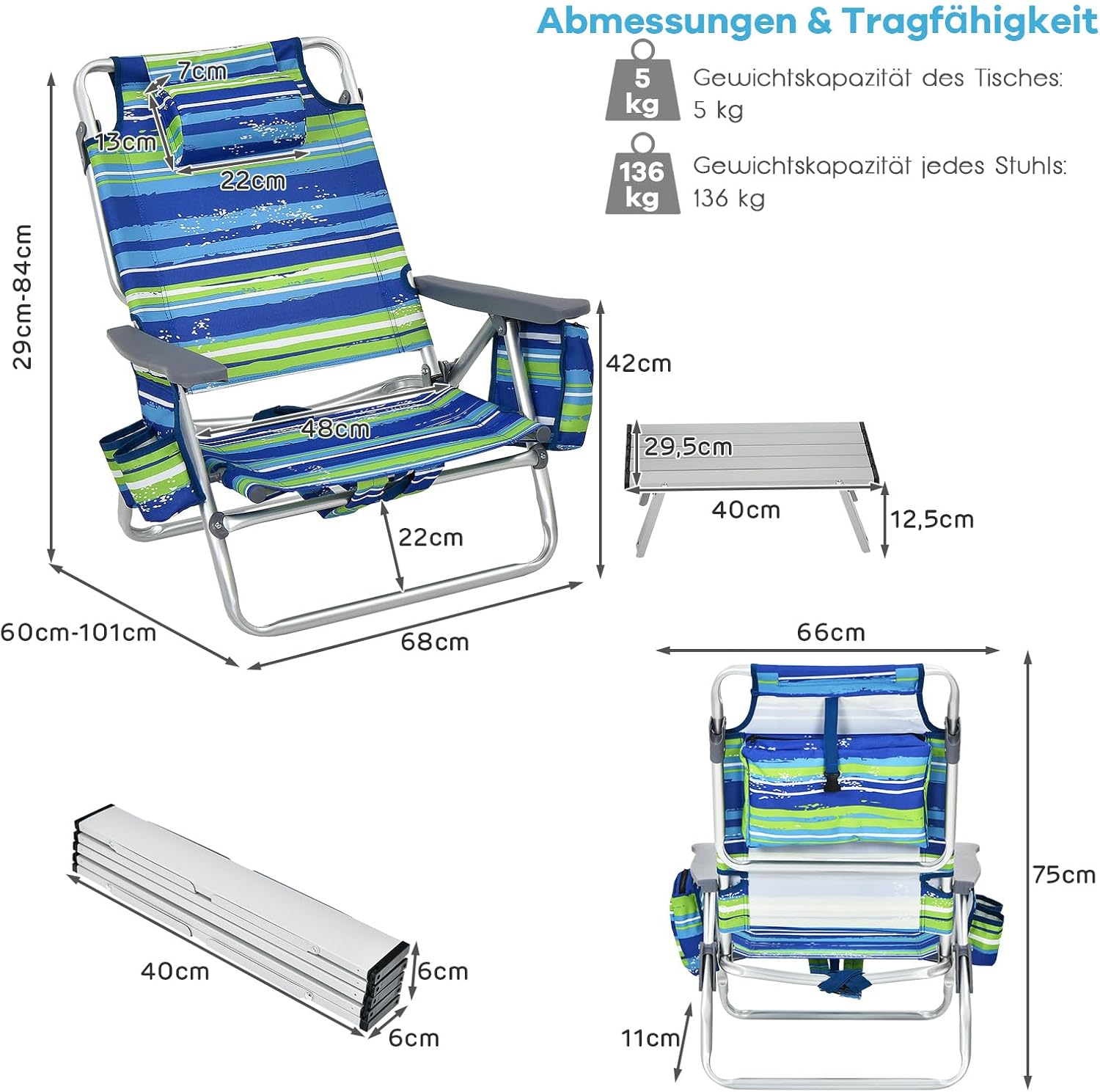 COSTWAY Strandstühle und Tisch Set, klappbare Campingstühle mit Verstellbarer Rückenlehne, Kopfstütze, Seitentaschen, Eisbeutel, Armlehnen & Schultergurten, Klappstühle leicht (Blau + Grün)